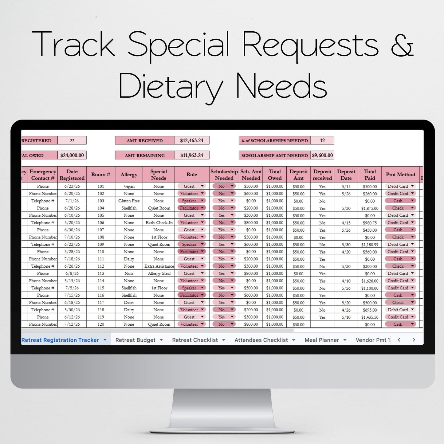 Retreat Registration Tracker | Attendee List, Payment Tracker, Scholarships, Dietary Needs | Event Planner & Organizer Google Sheets Excel Template