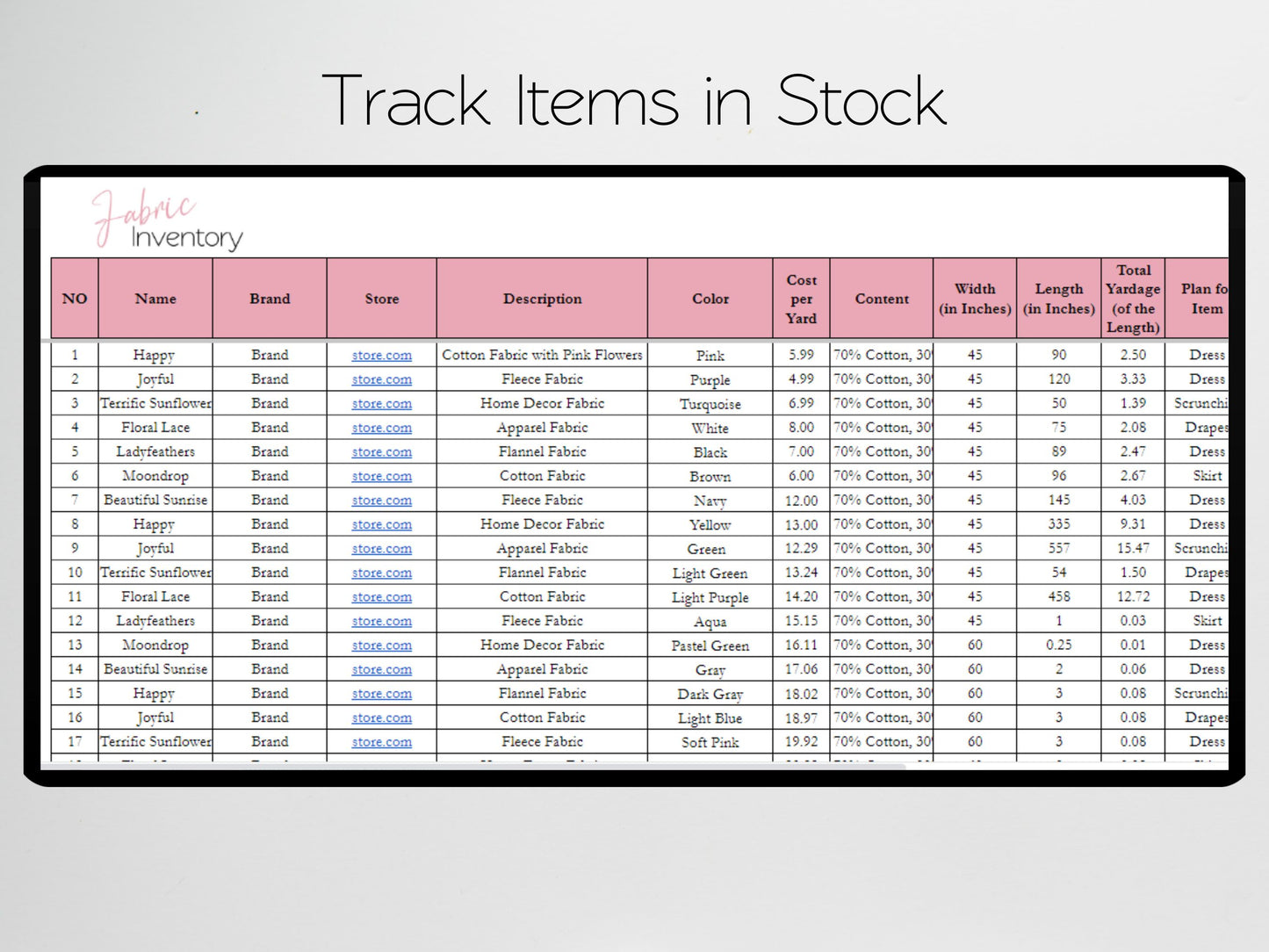 Fabric Inventory Tracker Google Sheet