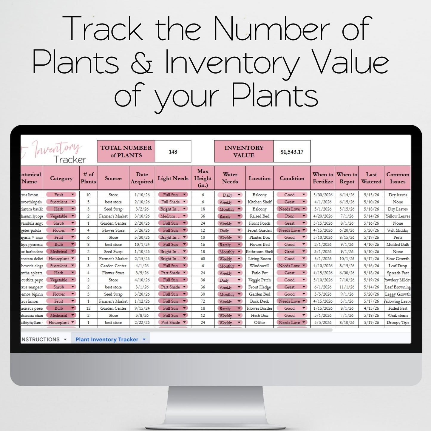 Plant Inventory Tracker Template for Google Sheets and Excel Spreadsheet