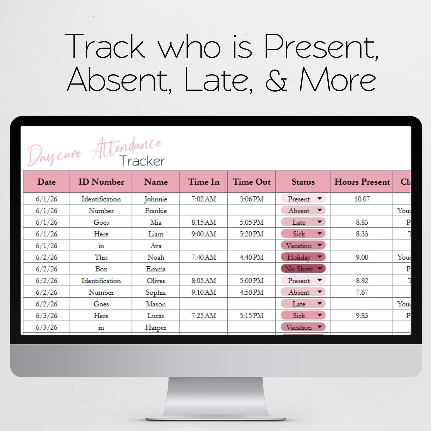 Daycare Attendance Tracker Template – Preschool & Home Childcare Log - Google Sheets and Excel Spreadsheet