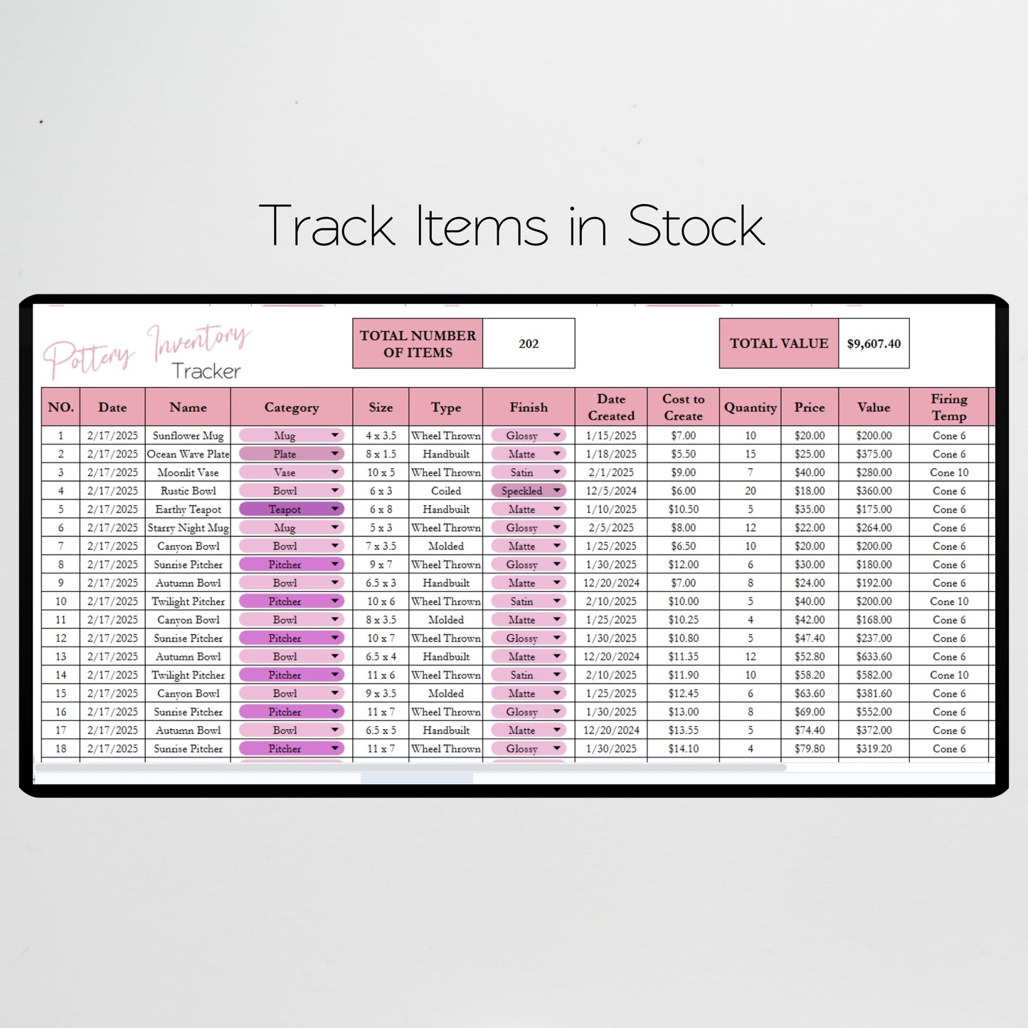 Pottery Inventory Tracker Template Google Sheet and Excel Spreadsheet