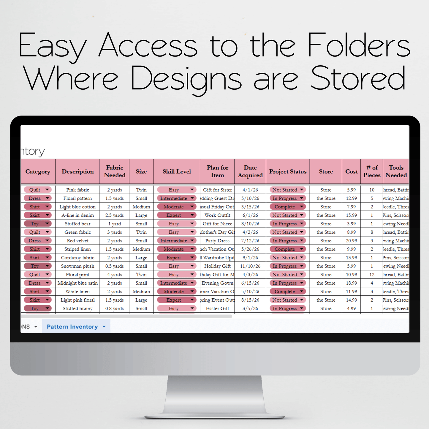 Pattern Inventory Tracker Excel Spreadsheet and Google Sheets to Organize your Patterns