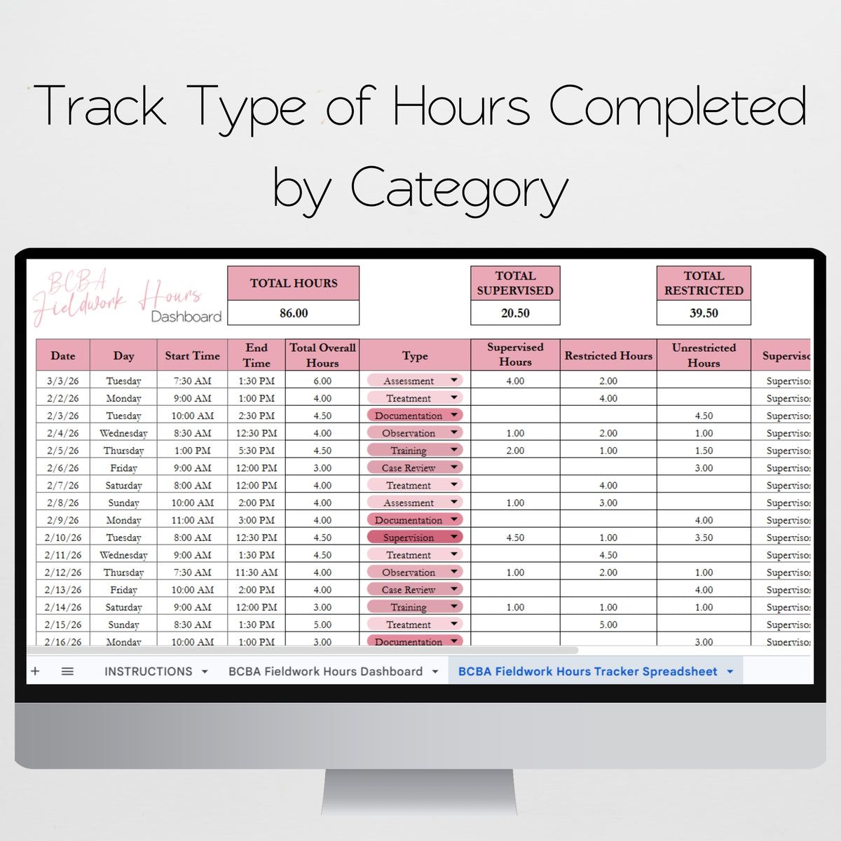 BCBA Fieldwork Hours Tracker Spreadsheet | BACB Supervised Fieldwork Log | BCaBA & RBT Hours Tracker | Google Sheets & Excel Spreadsheet Template