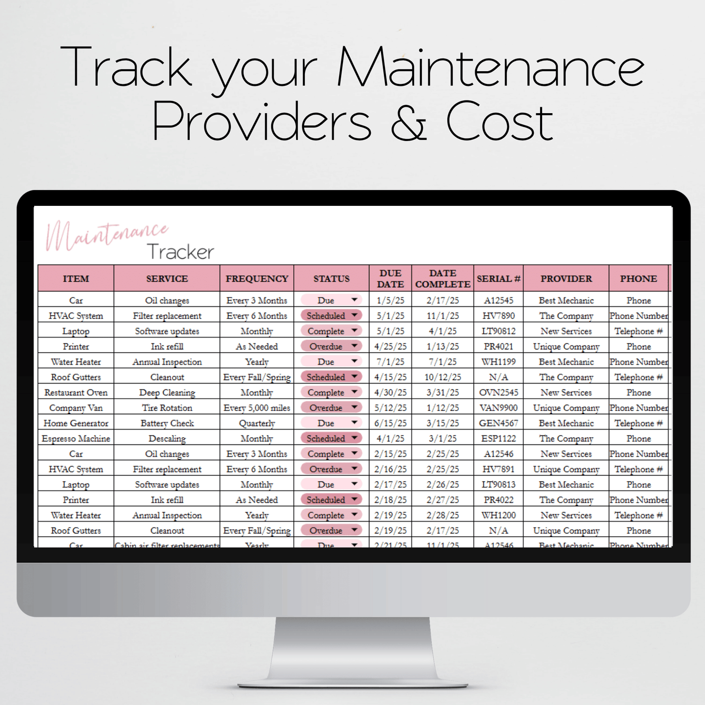 Maintenance Tracker Template for Google Sheets and Excel Spreadsheet