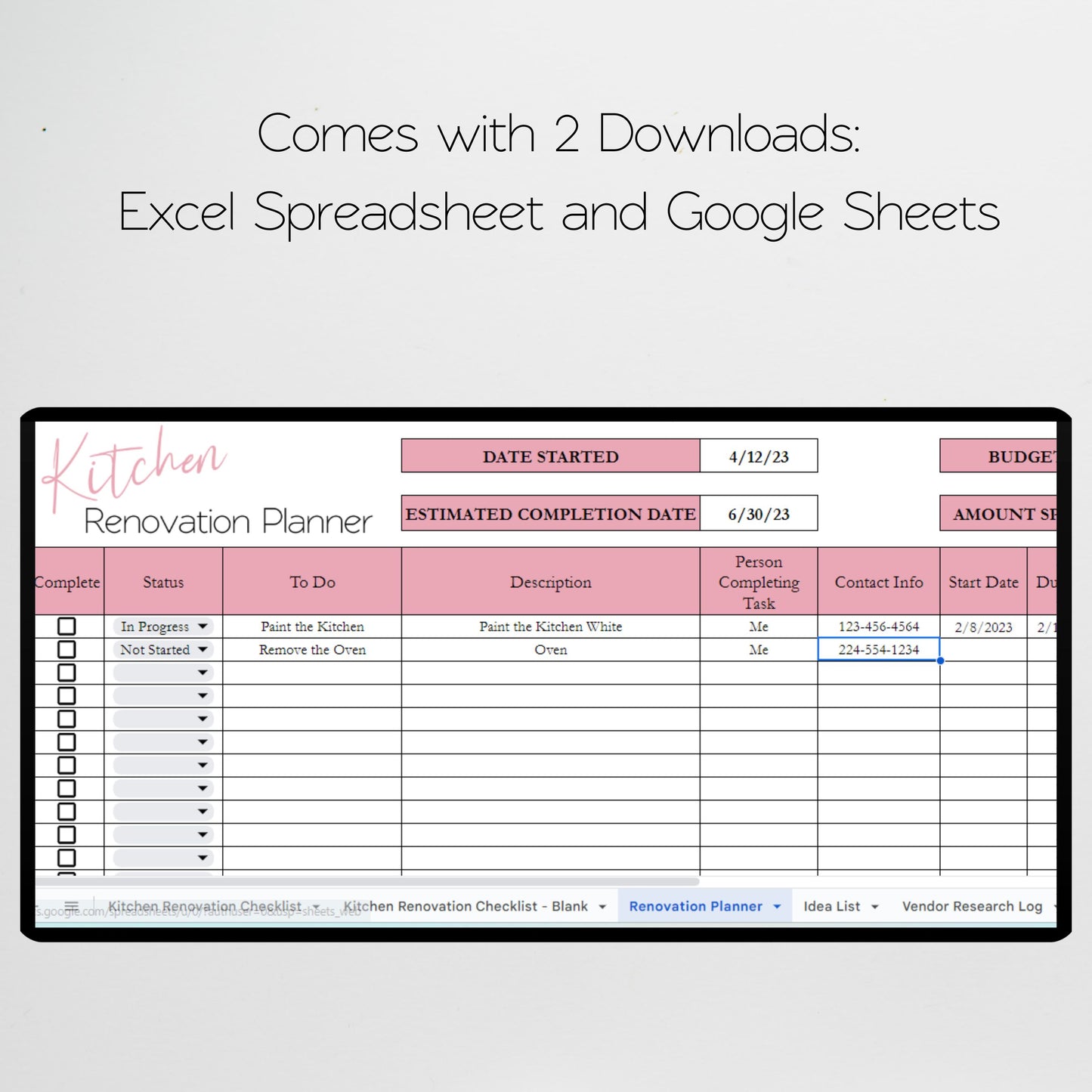 Kitchen Renovation Planner Google Sheets and Excel Spreadsheet