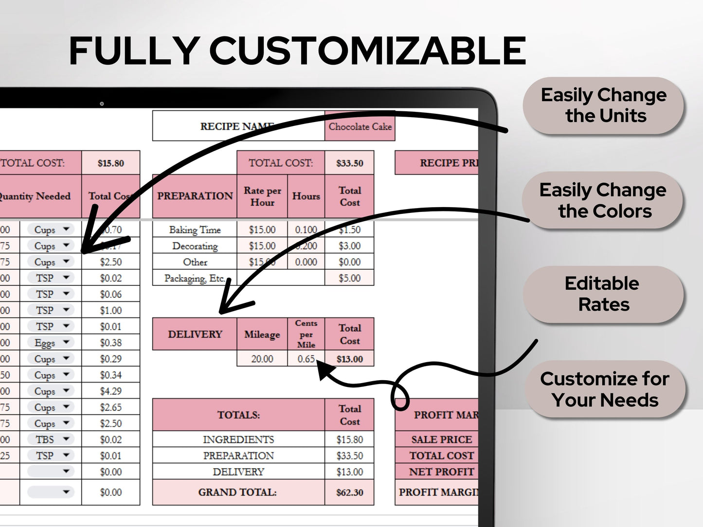 Recipe Cost Calculator Spreadsheet | Product Pricing & Profit Margin Template for Home Bakery Businesses | Google Sheets & Excel Spreadsheet Template