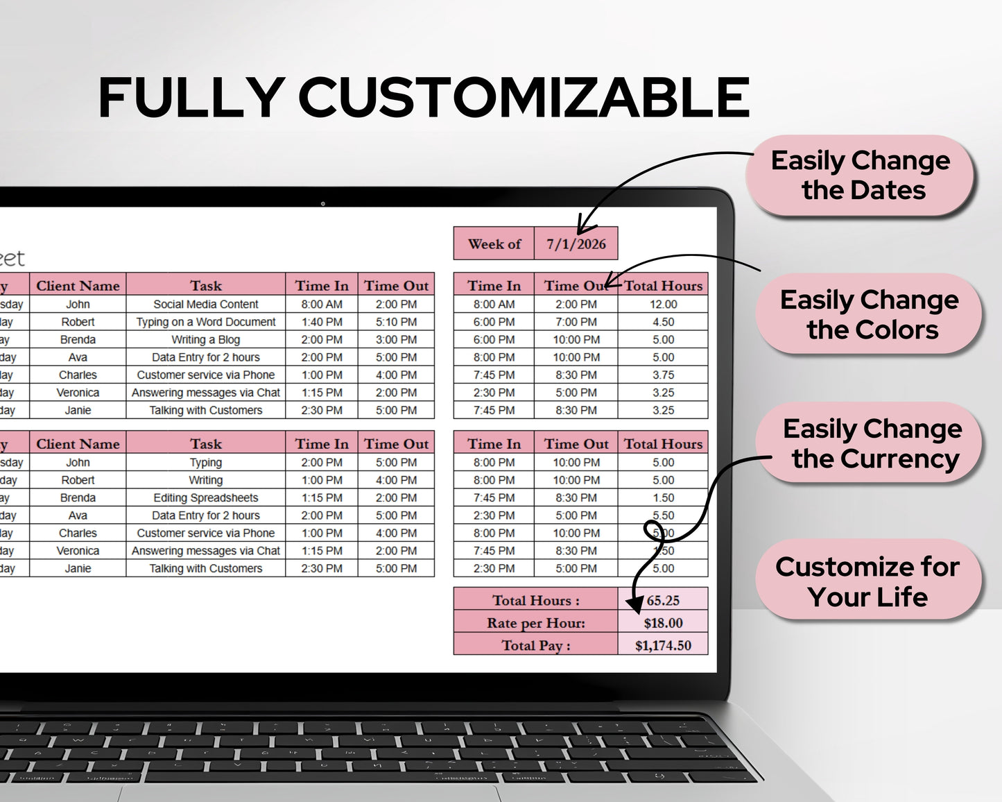 Timesheet Calculator Spreadsheet Template Google Sheets and Excel | Employee Hours Tracker | Pay Calculator