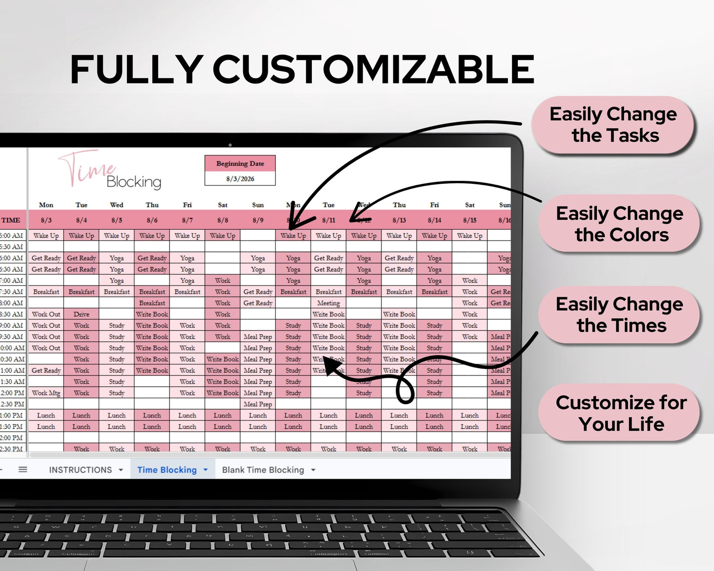 Time Blocking Spreadsheet Template | Google Sheets & Excel Daily Schedule Planner for Time Management
