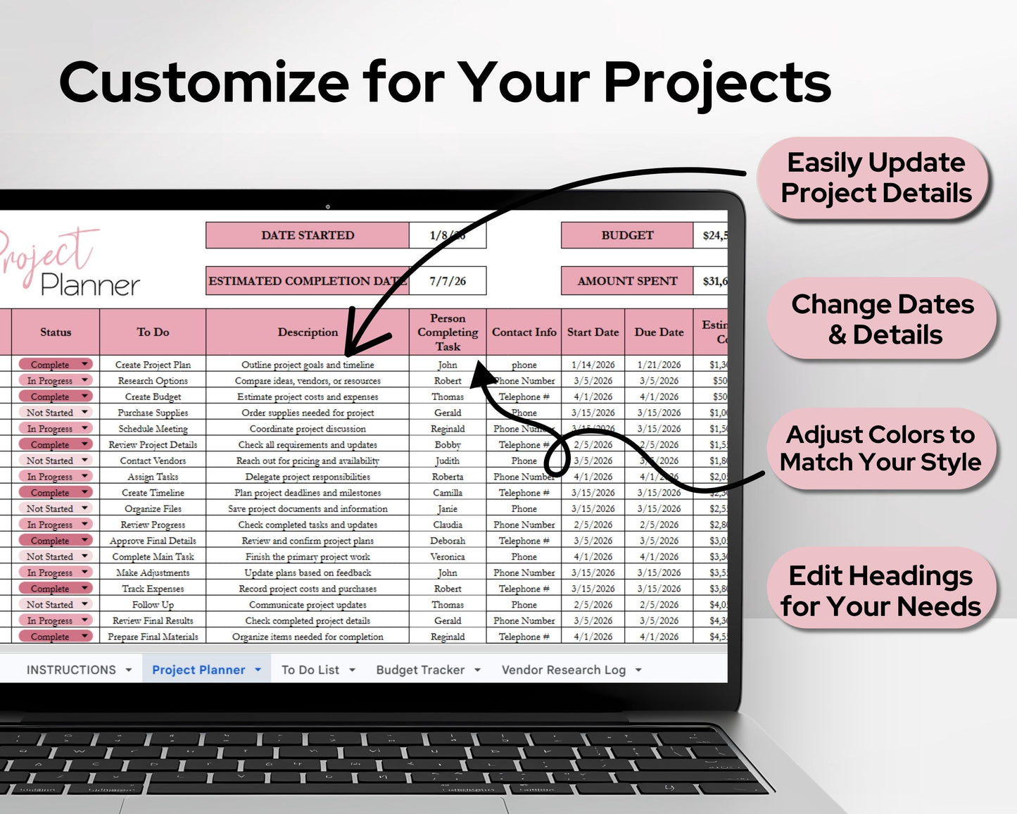 Project Tracker Template Spreadsheet | Project Management Planner for Tasks, Budget, Timeline & Vendor Tracking