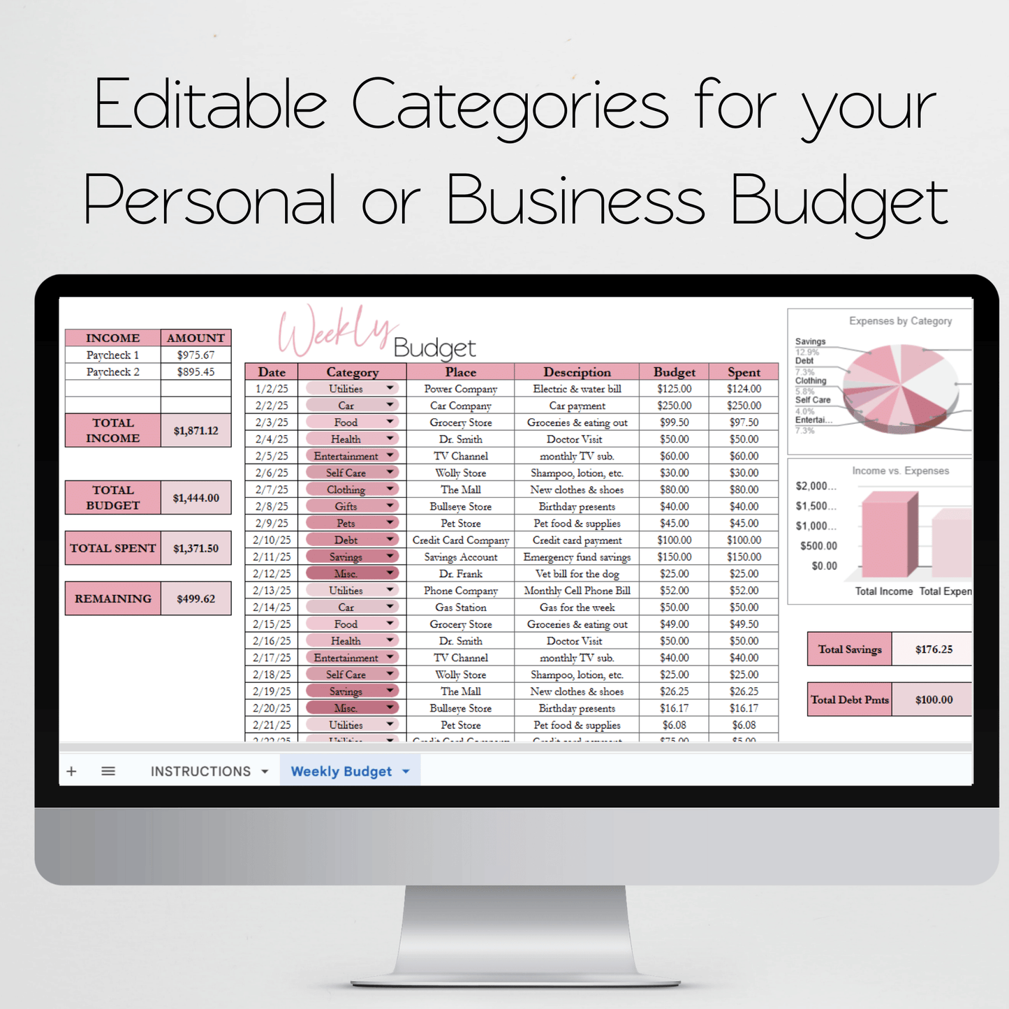 Weekly Budget Template Google Sheets and Excel Spreadsheet
