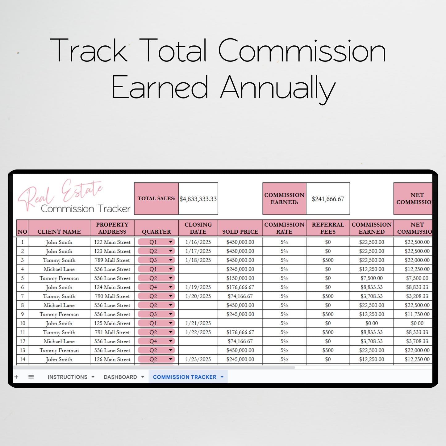 Real Estate Commission Tracker Google Sheet