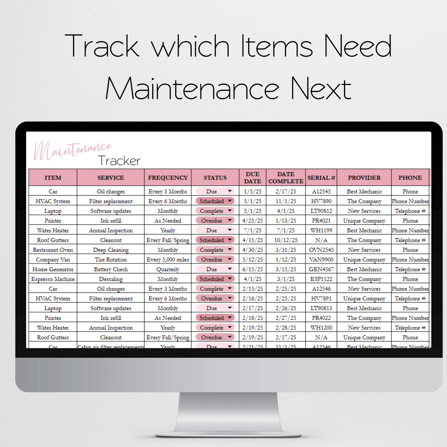 Maintenance Tracker Template for Google Sheets and Excel Spreadsheet