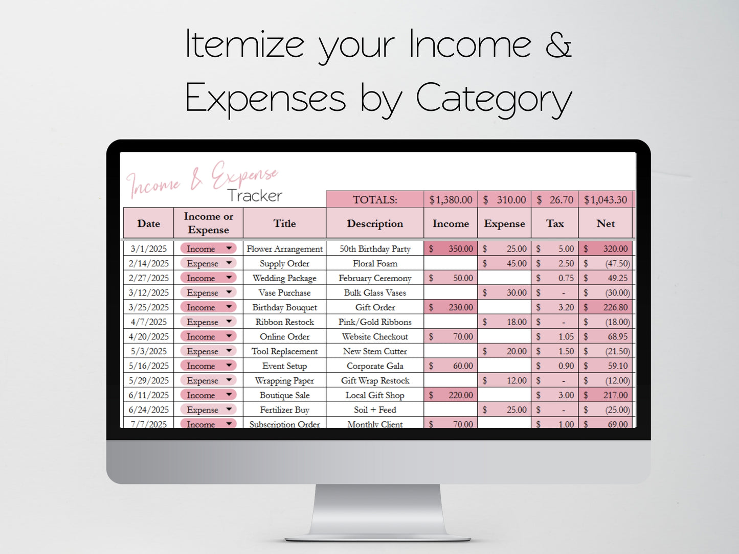 Florist Bookkeeping Template Google Sheets and Excel Spreadsheet - Income and Expense Tracker for Floral Business