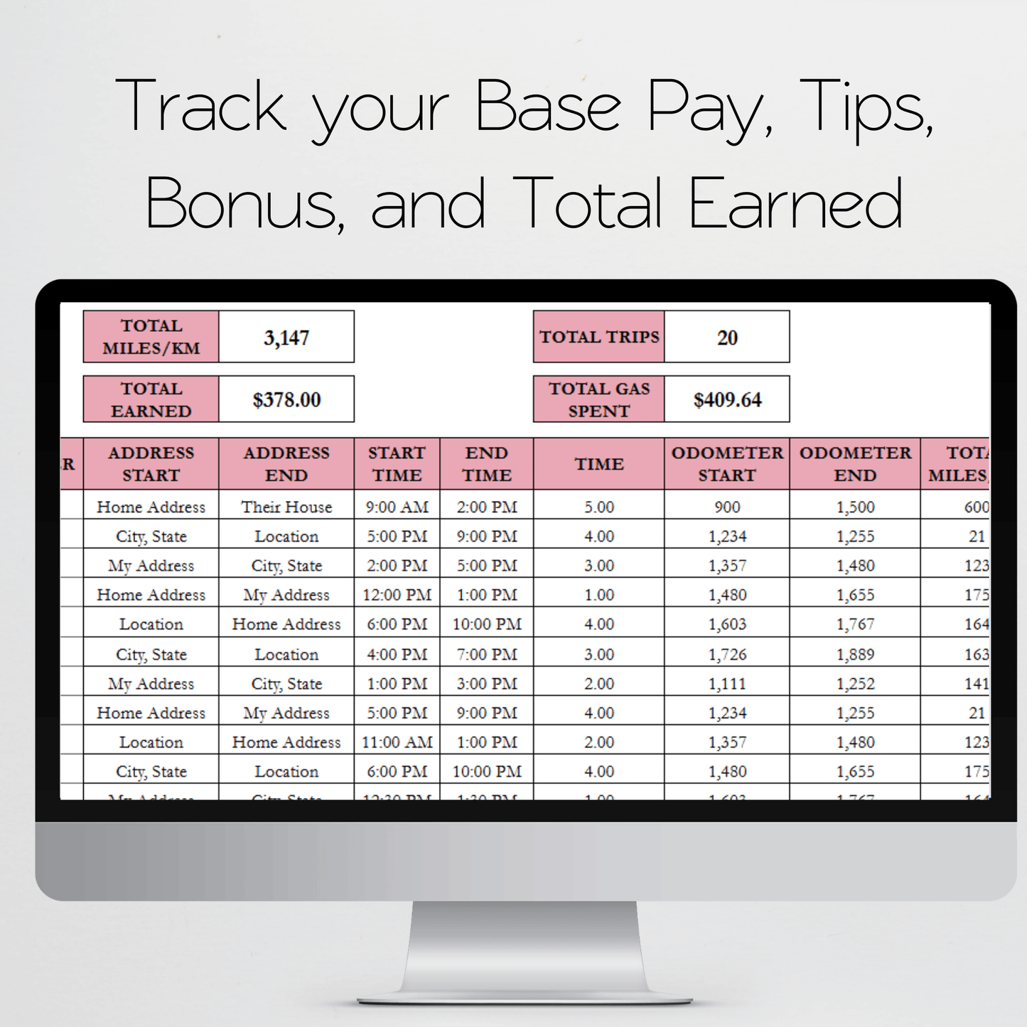 Gig Driver Log Template for Google Sheets and Excel Spreadsheet - Side Hustle Mileage Tracker, Income and Expense Tracker