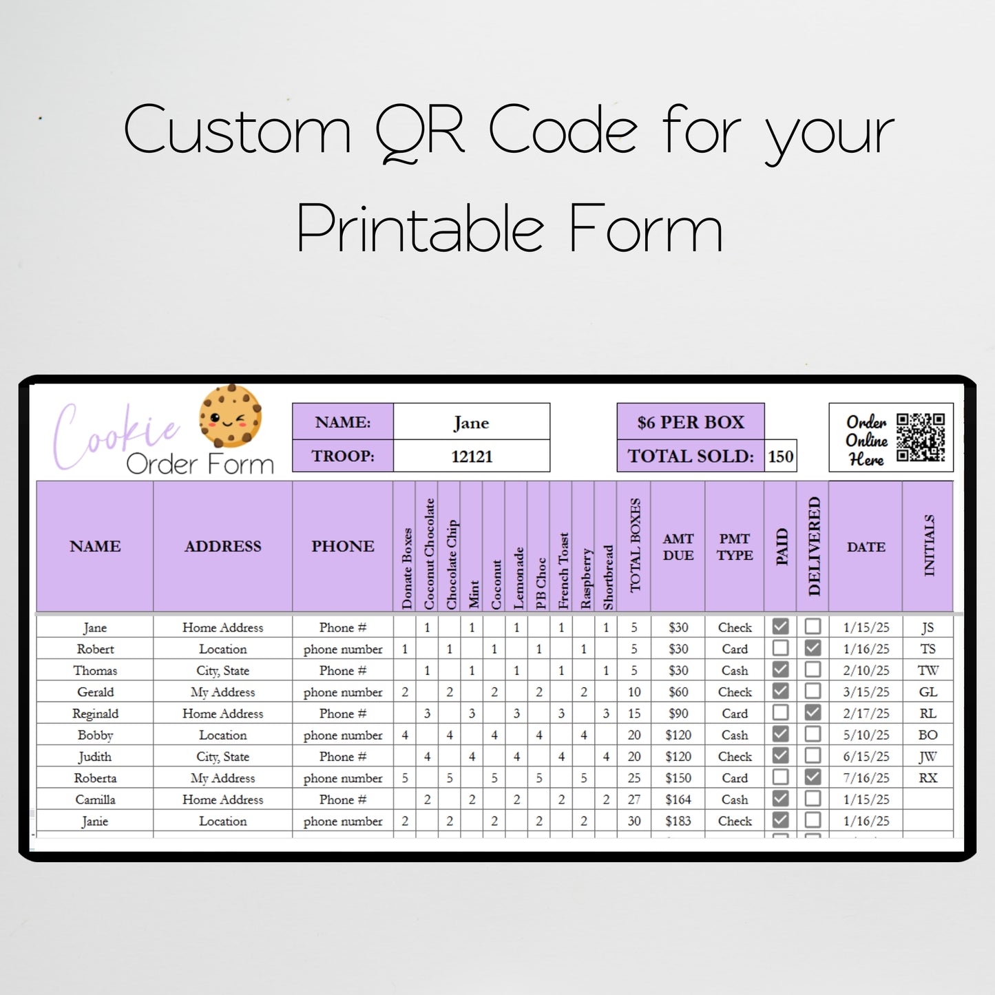 Cookie Order Form Template with QR Code Google Sheets and Excel, Printable Templates
