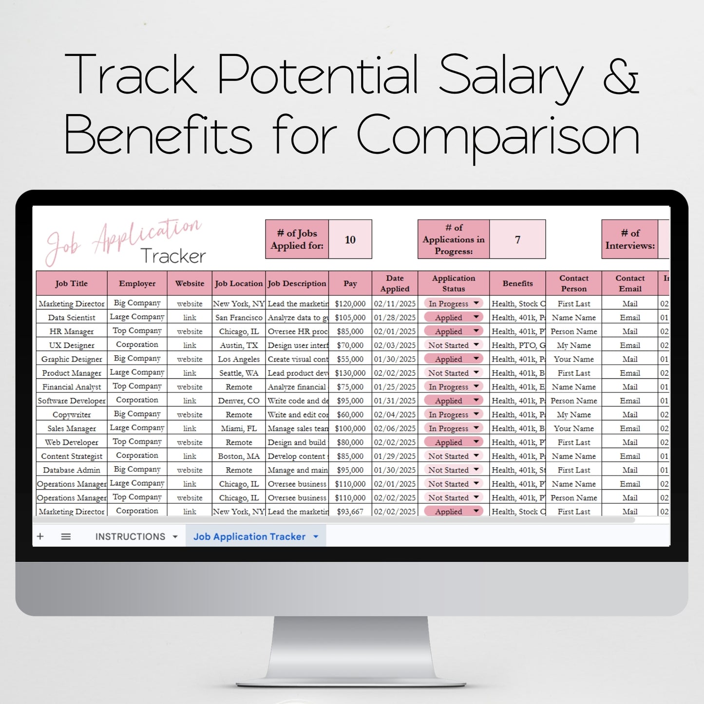 Job Application Tracker Excel Spreadsheet and Google Sheets Template