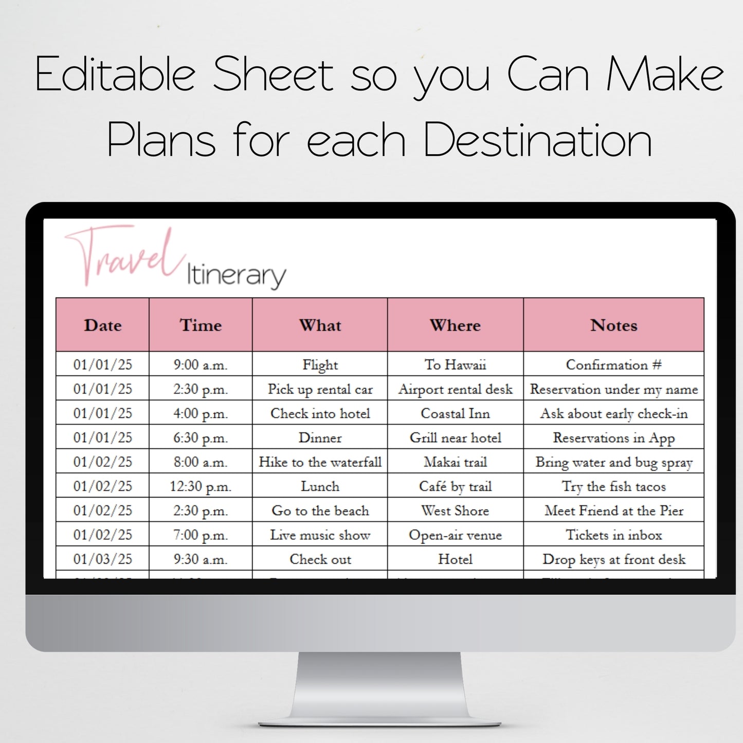 Travel Itinerary Template Google Sheets and Excel Spreadsheet