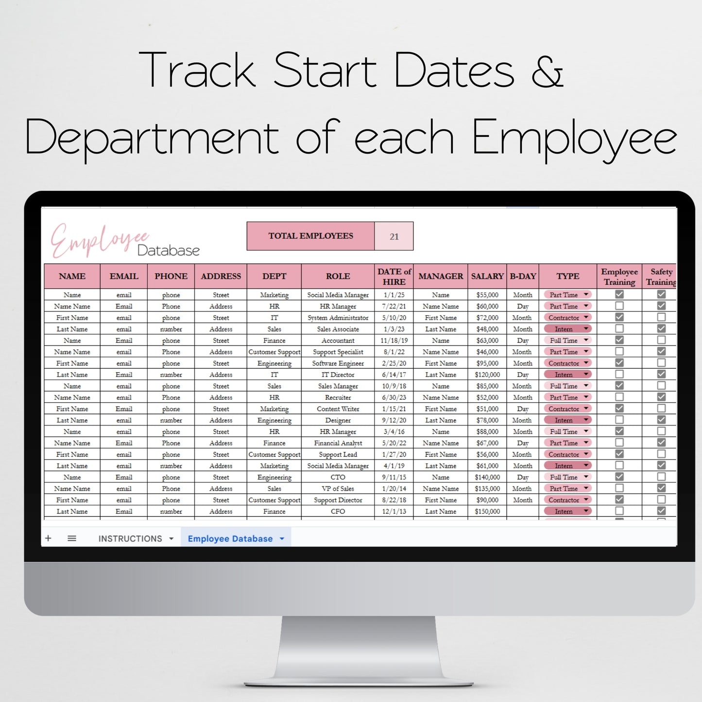 Employee Database Excel Spreadsheet Template and Google Sheets