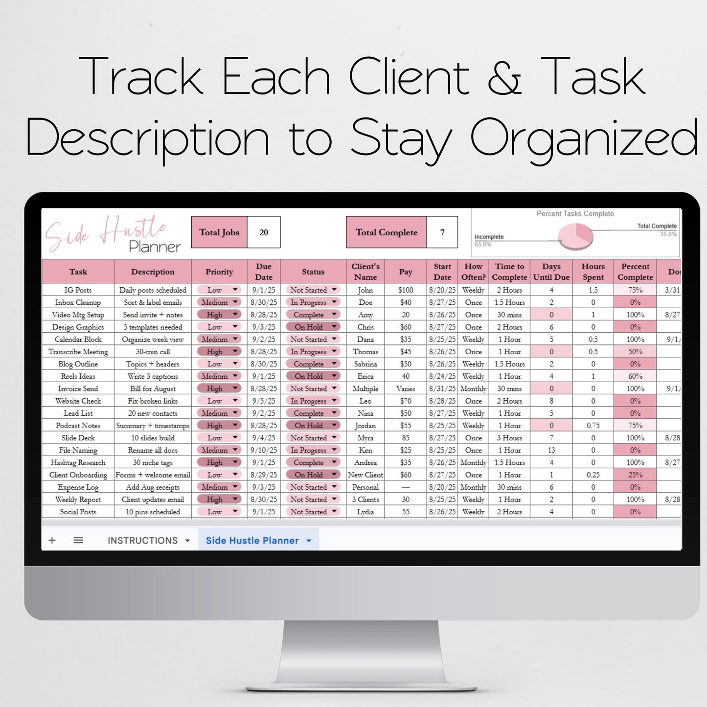 Side Hustle Planner Template for Google Sheets and Excel Spreadsheet