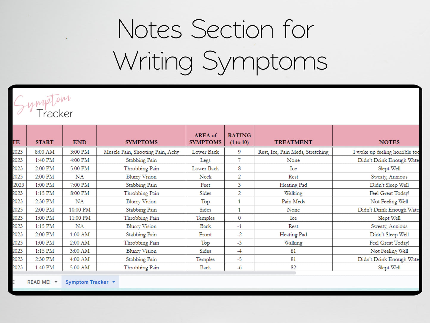 Symptom Tracker Template Google Sheets and Excel Spreadsheet