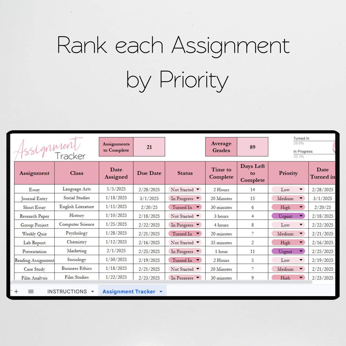 Assignment Tracker Template Google Sheet and Excel Spreadsheet – Savvy ...