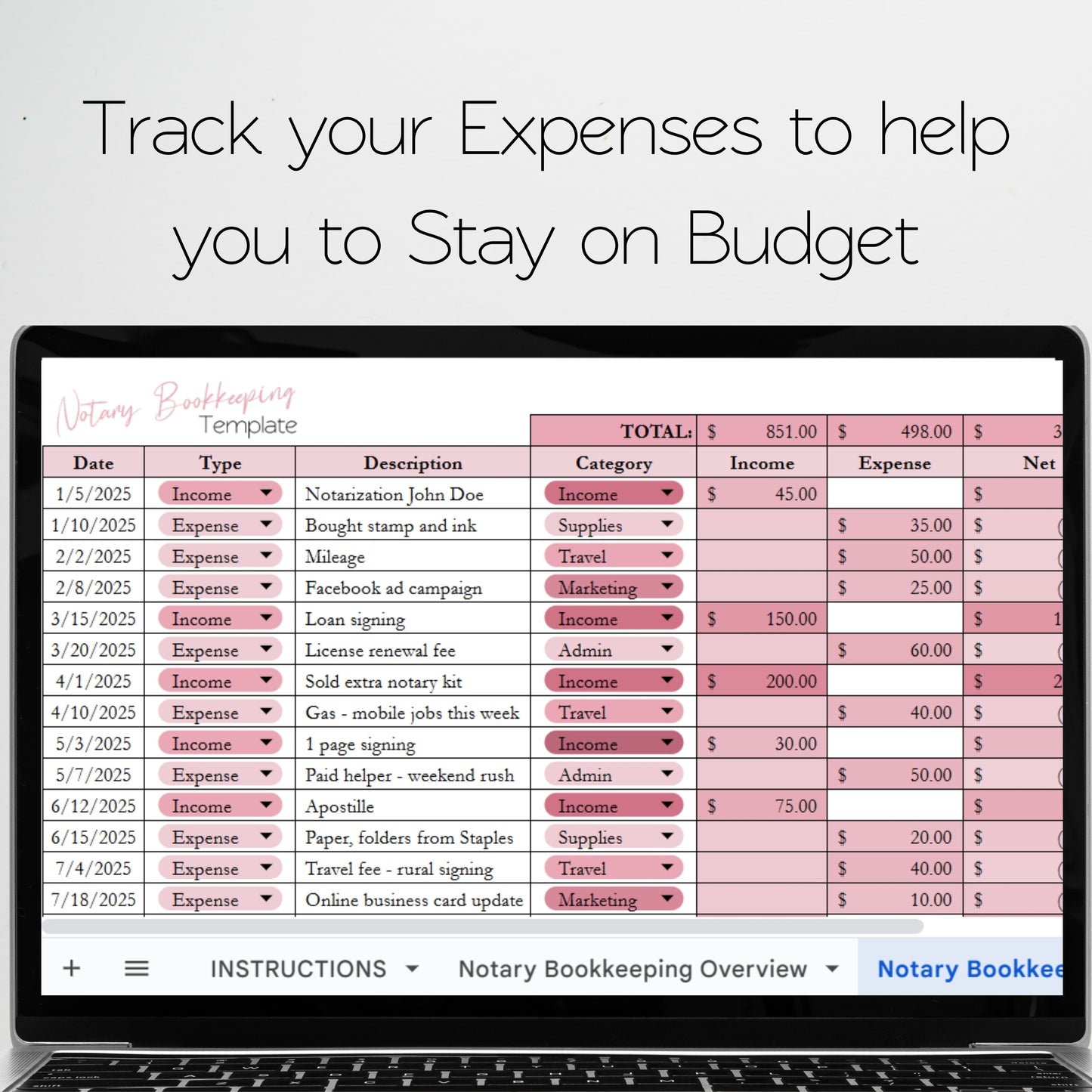Notary Bookkeeping Template Google Sheets and Excel Spreadsheet