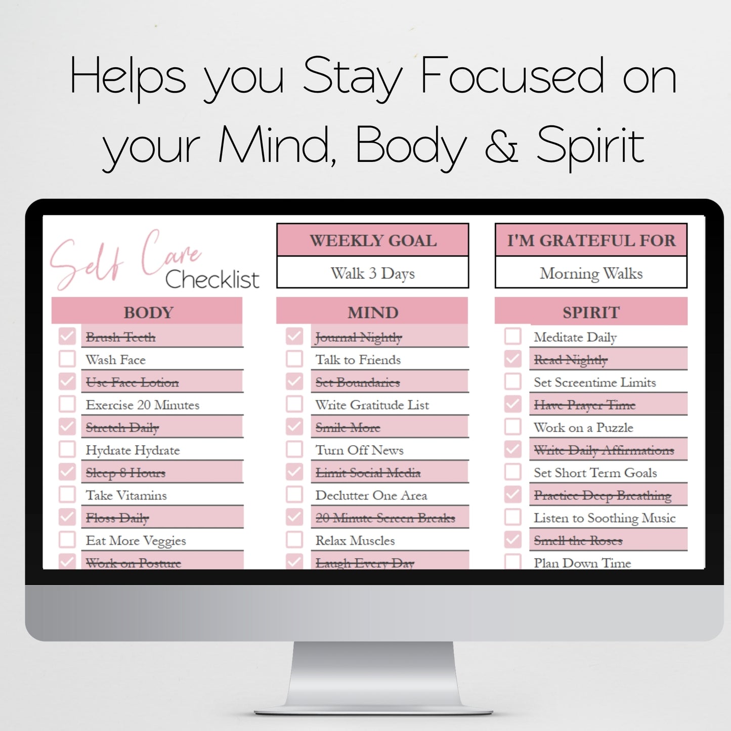 Self Care Checklist Template for Google Sheets and Excel Spreadsheet