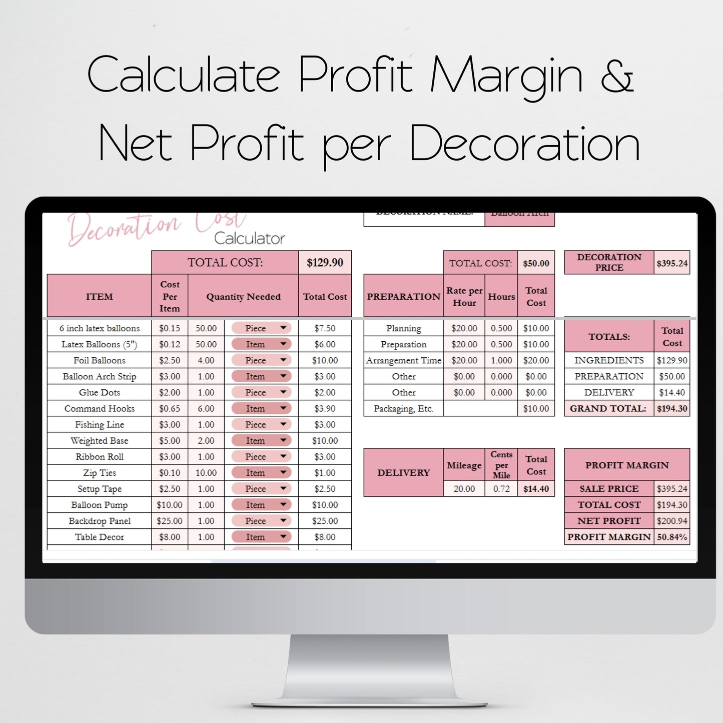 Decorating Cost Calculator Template Google Sheets and Excel Spreadsheet