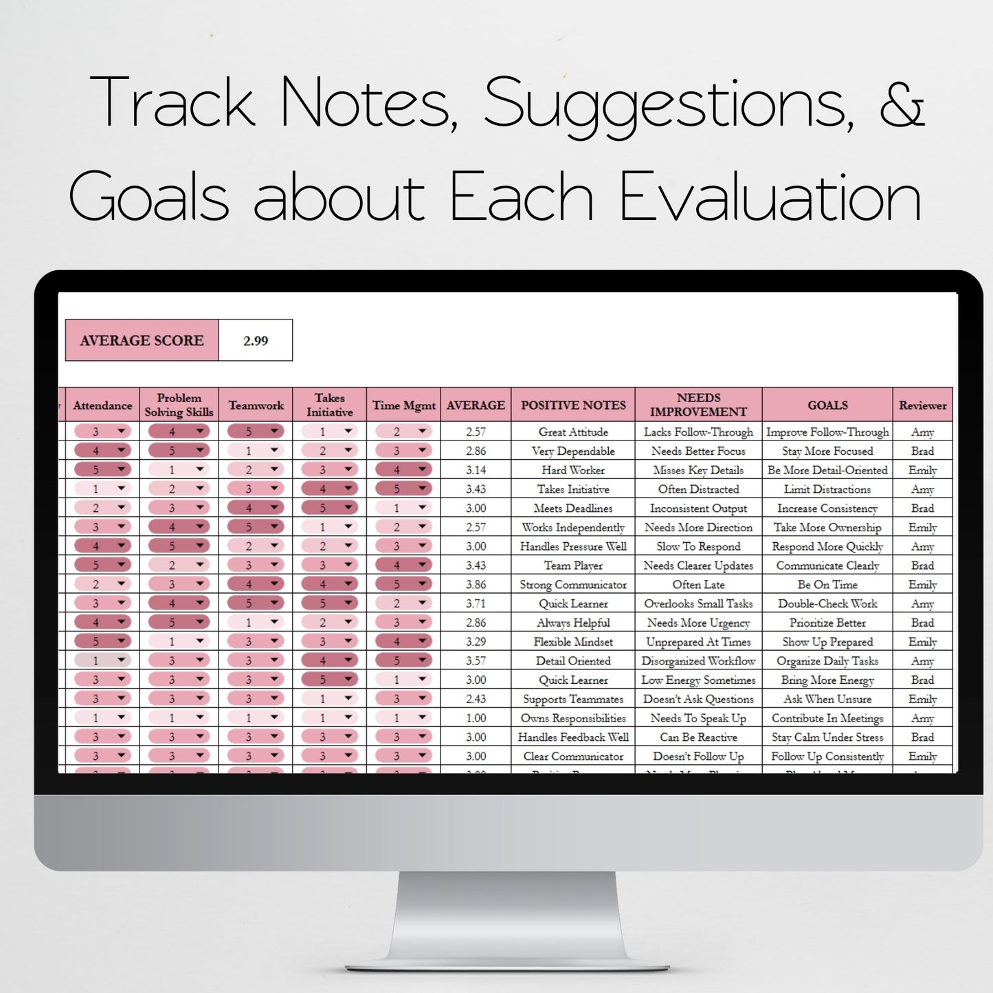 Employee Evaluation Tracker Template Google Sheets and Excel Spreadsheet - Performance Review