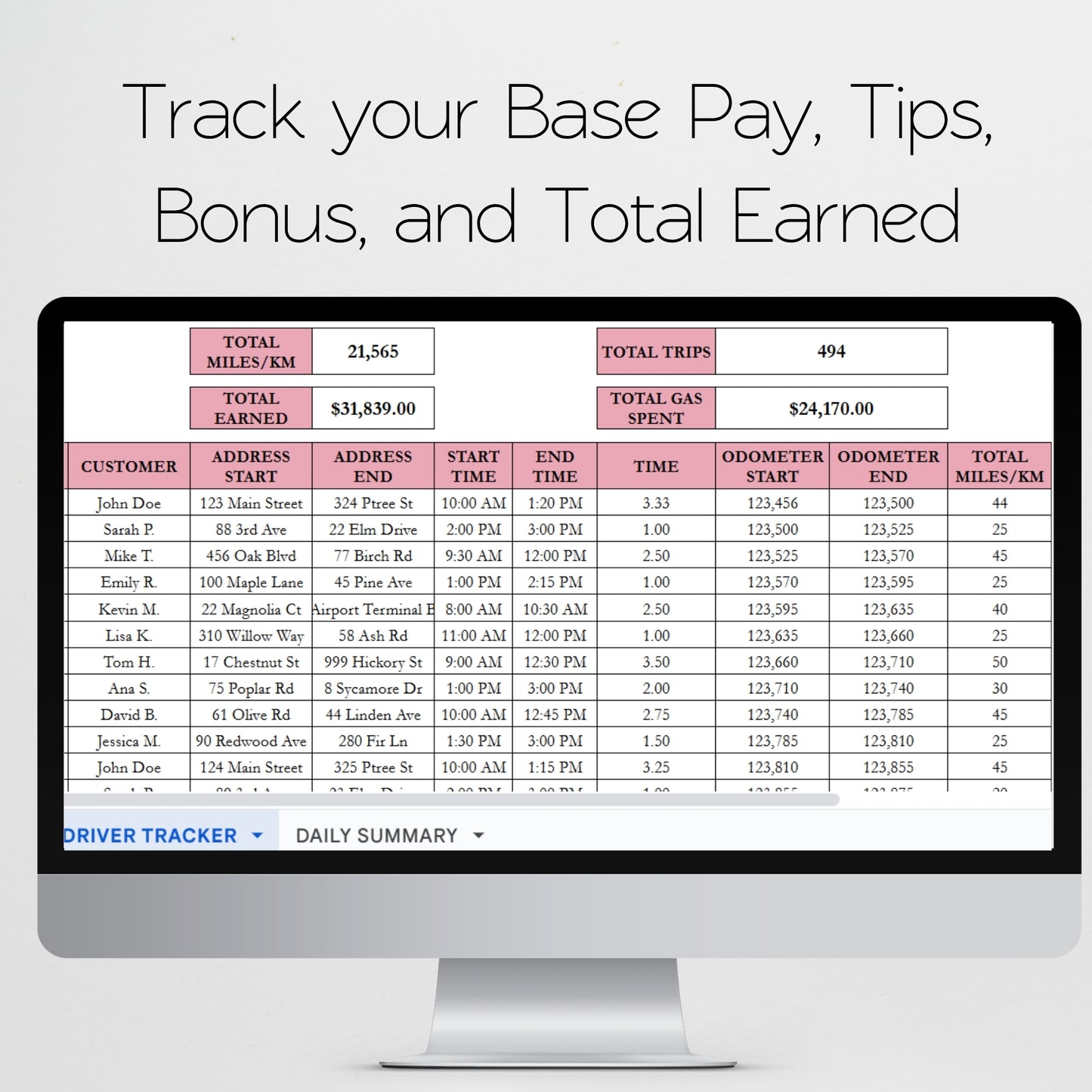 Gig Driver Log Template for Google Sheets and Excel Spreadsheet - Side Hustle Mileage Tracker, Income and Expense Tracker