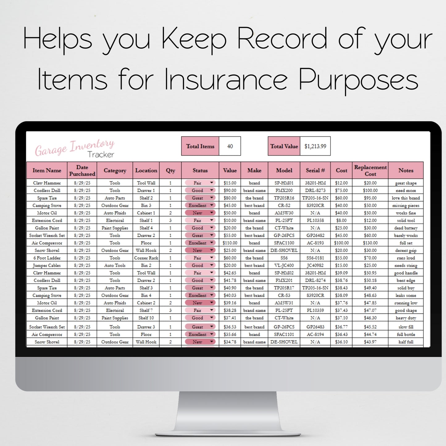 Garage Inventory Tracker Template for Google Sheets and Excel Spreadsheet