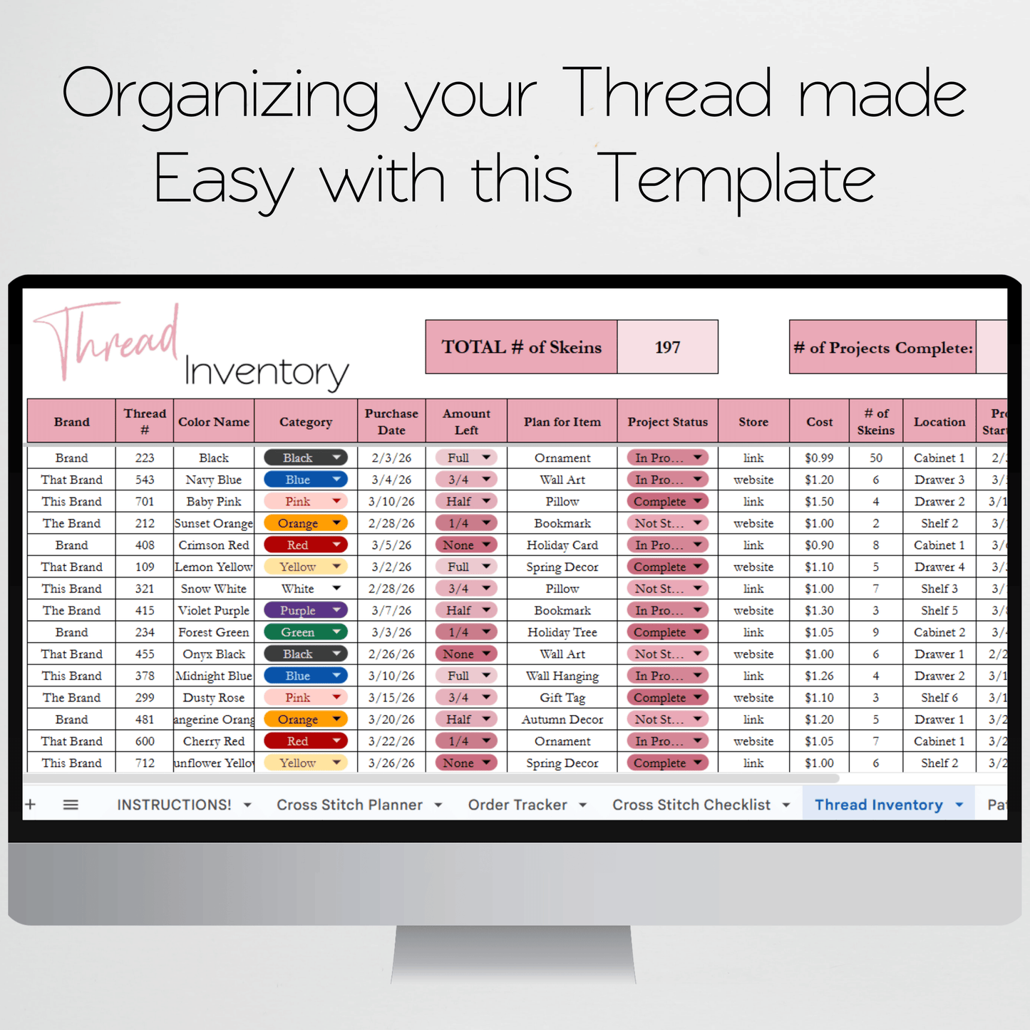 Cross Stitch Planner Template Google Sheet and Excel Spreadsheet