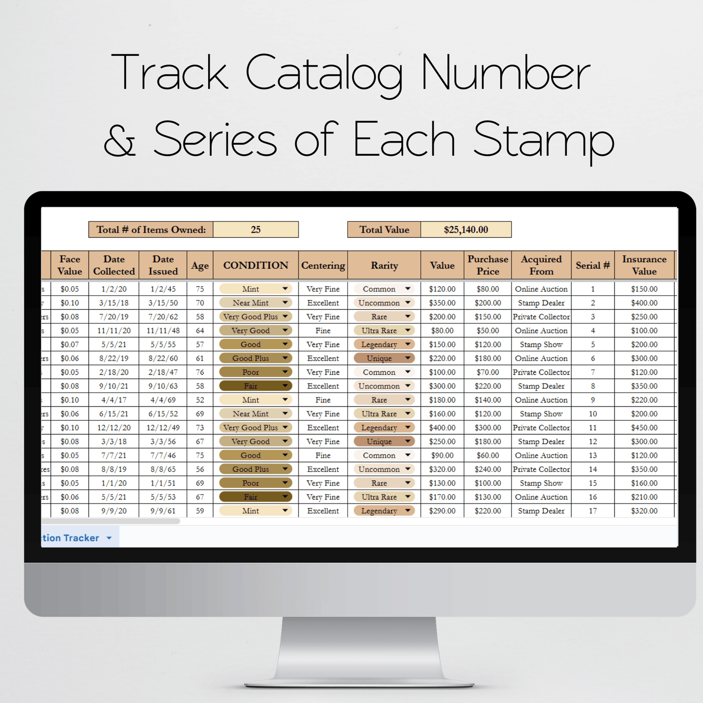 Stamp Collection Tracker Excel Spreadsheet and Google Sheets Template