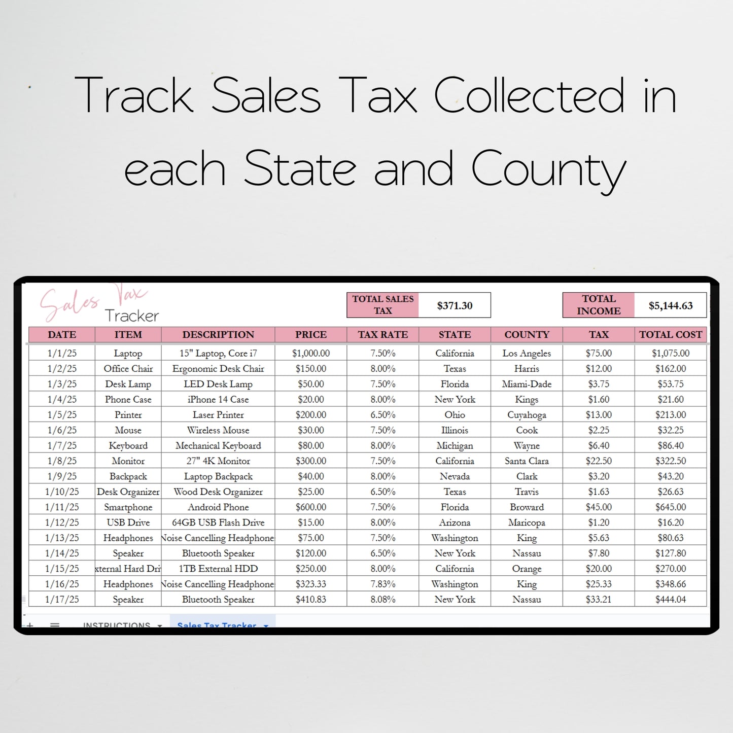 Sales Tax Tracker Excel Spreadsheet and Google Sheet