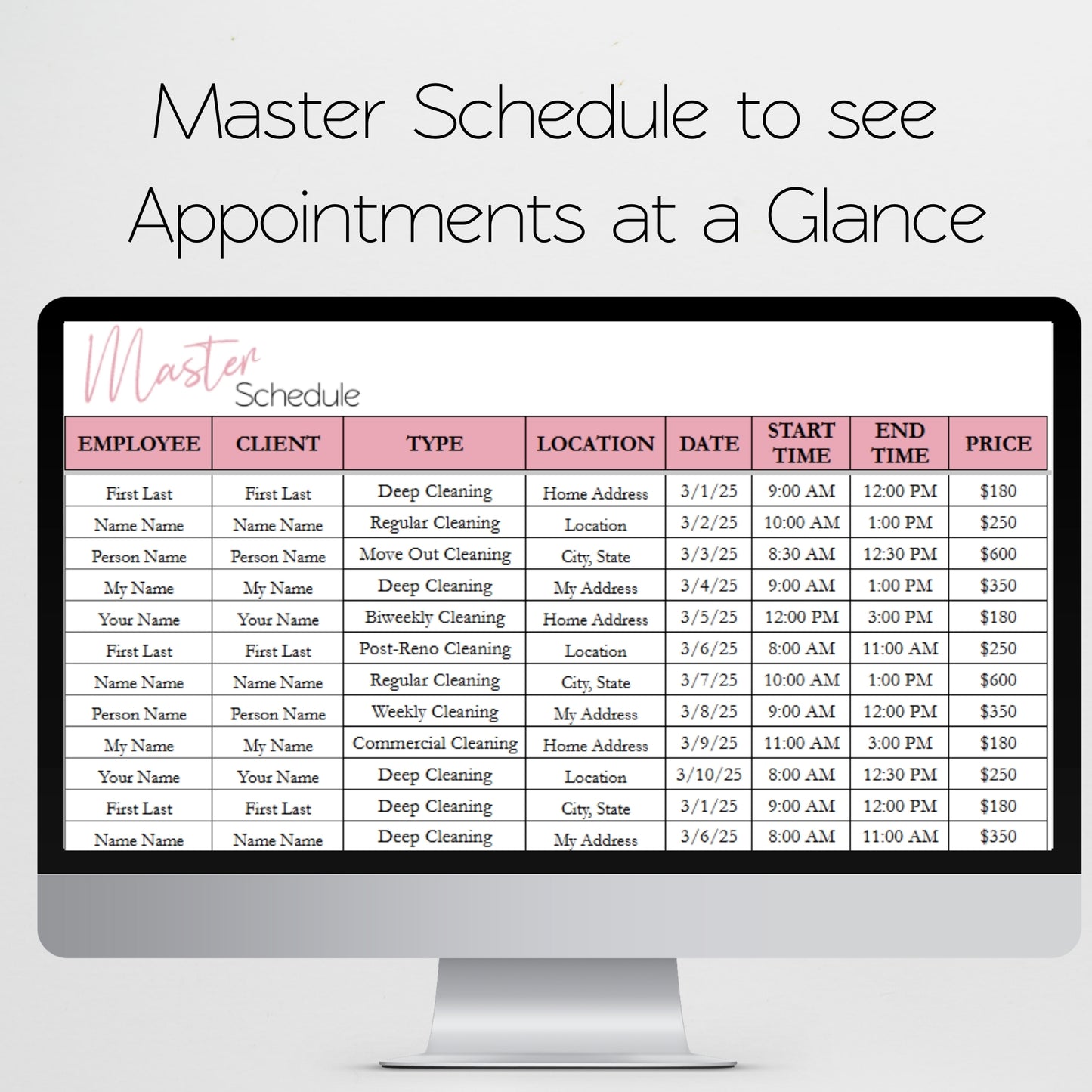 Cleaning Business Appointment Tracker Template Google Sheets and Excel Spreadsheet