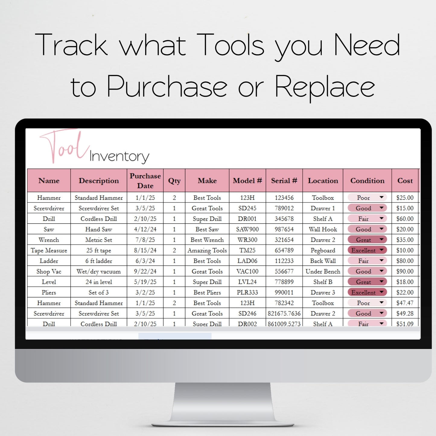 Tool Inventory Template for Google Sheets and Excel Spreadsheet