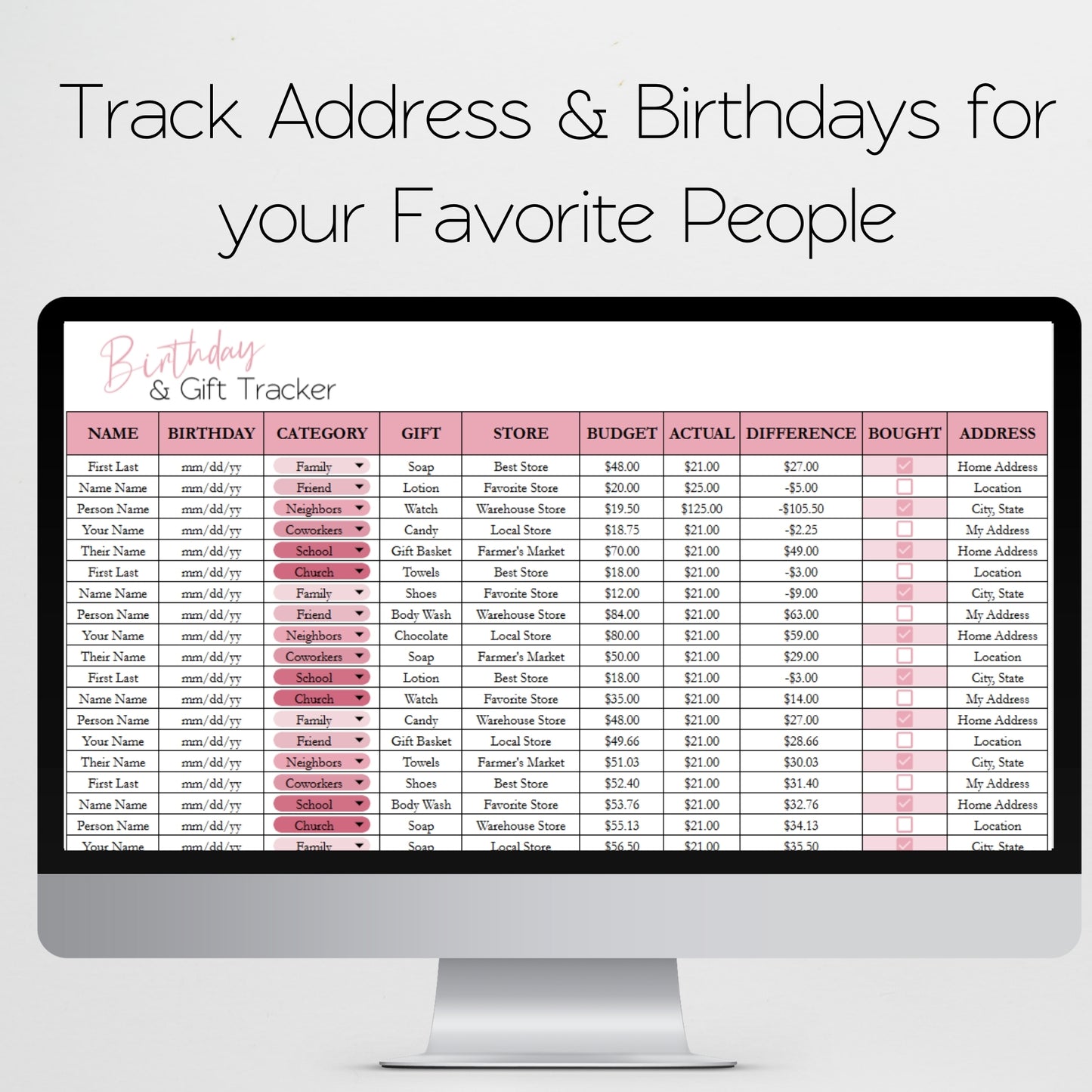 Birthday Tracker and Gift Tracker Google Sheet and Excel Spreadsheet
