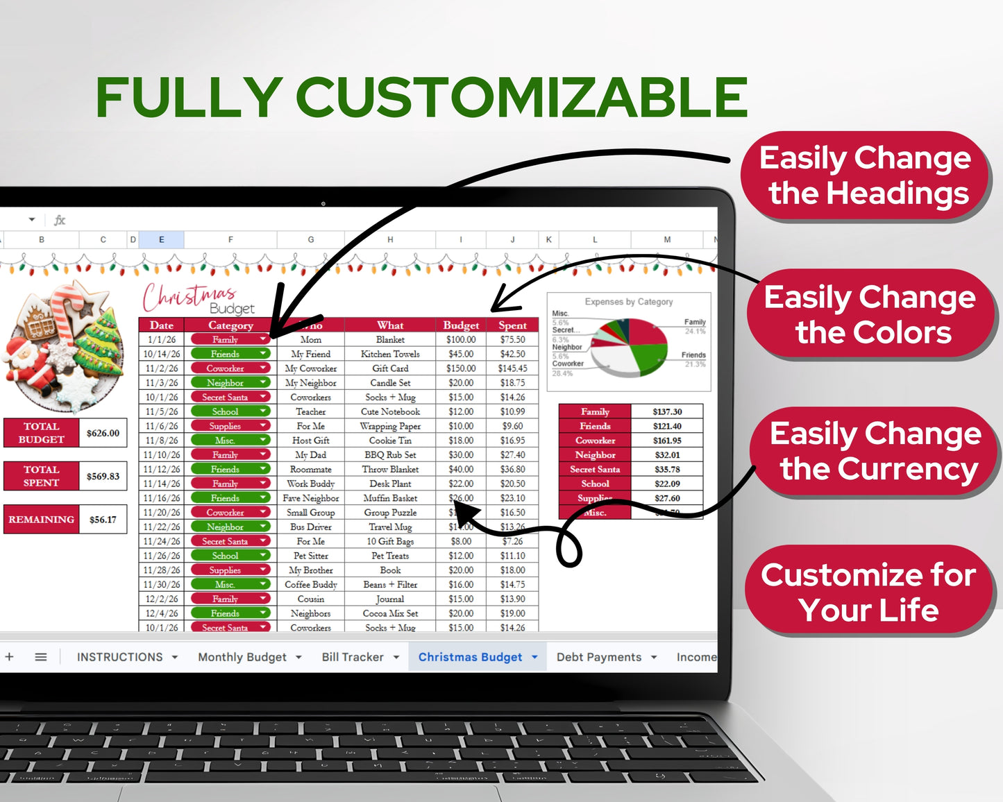 Christmas Gift Tracker Google Sheets and Excel Spreadsheet Template | Holiday Budget Planner | Christmas Shopping List & Wish List