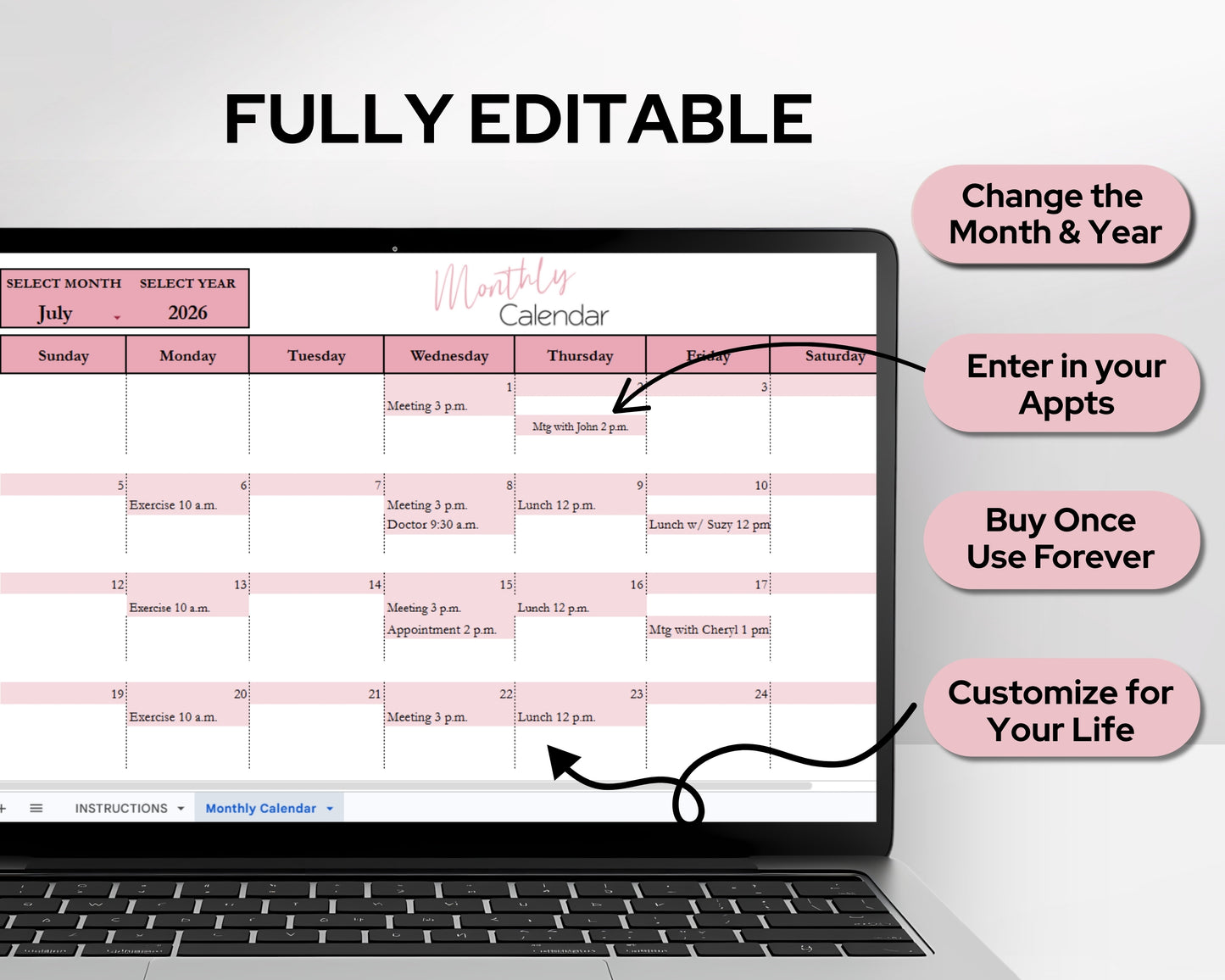 Google Sheets Monthly Calendar | Digital Planner Template with Recurring Weekly Schedule - Google Sheet and Excel Spreadsheet Template