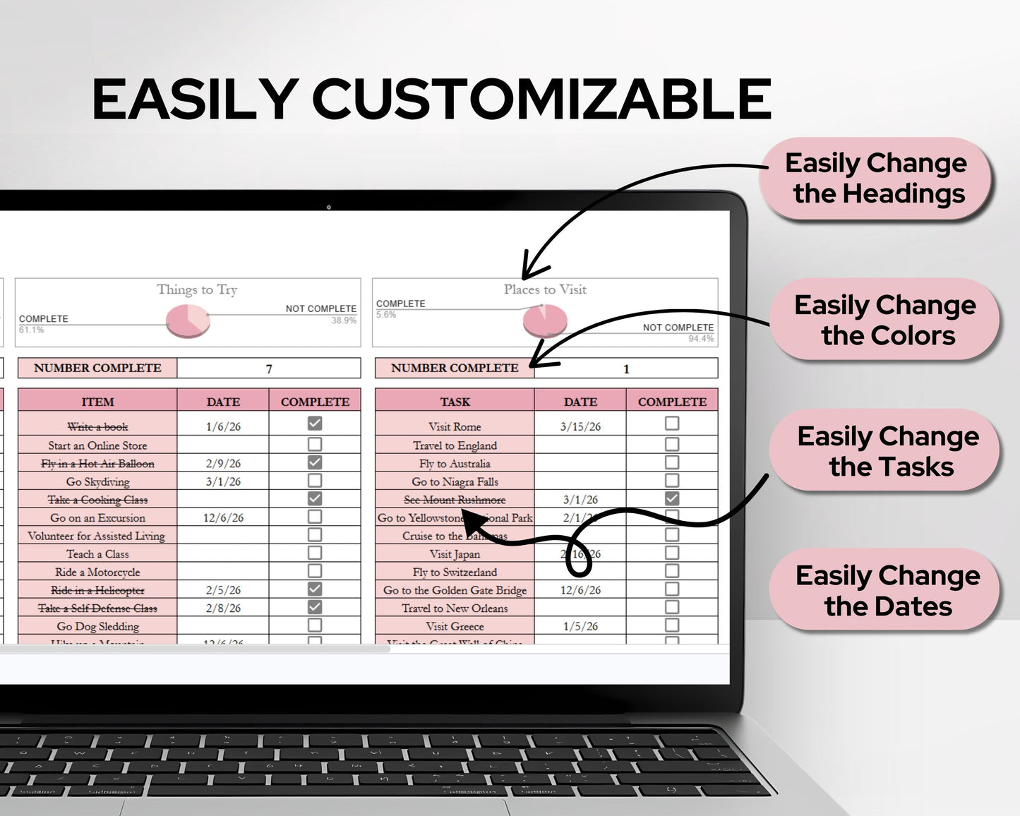Bucket List Planner Spreadsheet Template for Google Sheets & Excel | Travel & Life Goals
