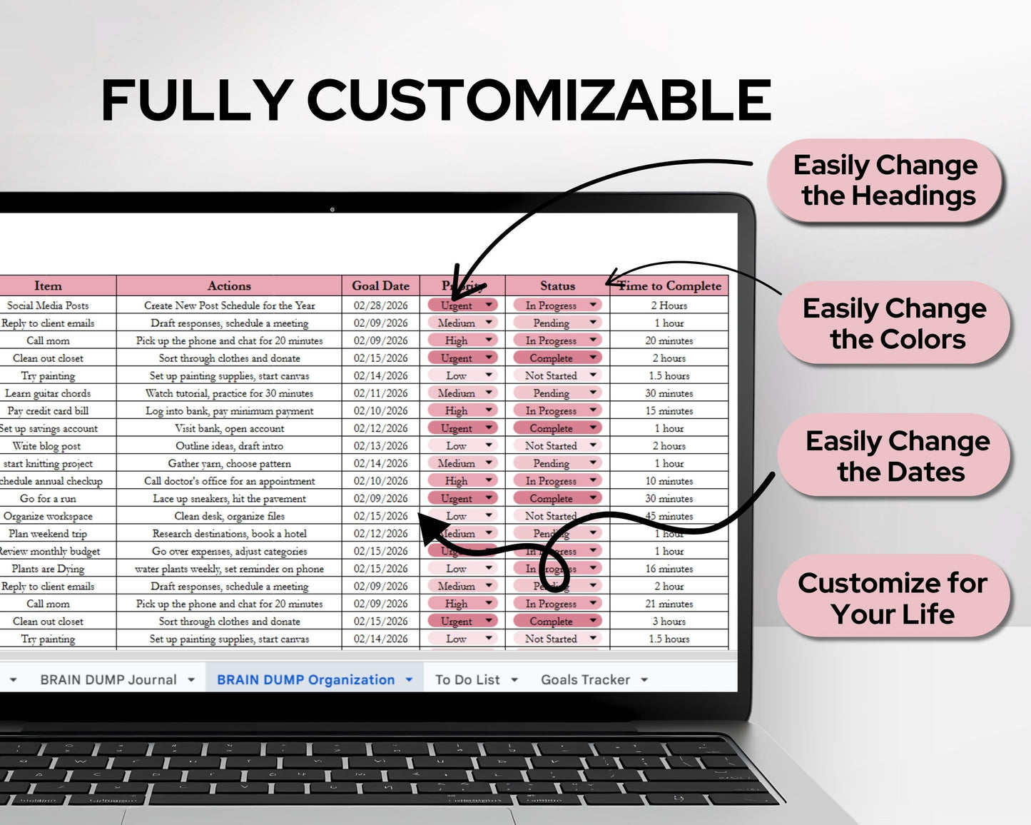 Brain Dump Planner Spreadsheet | Productivity Organizer, Task Tracker & Goal Planning Template