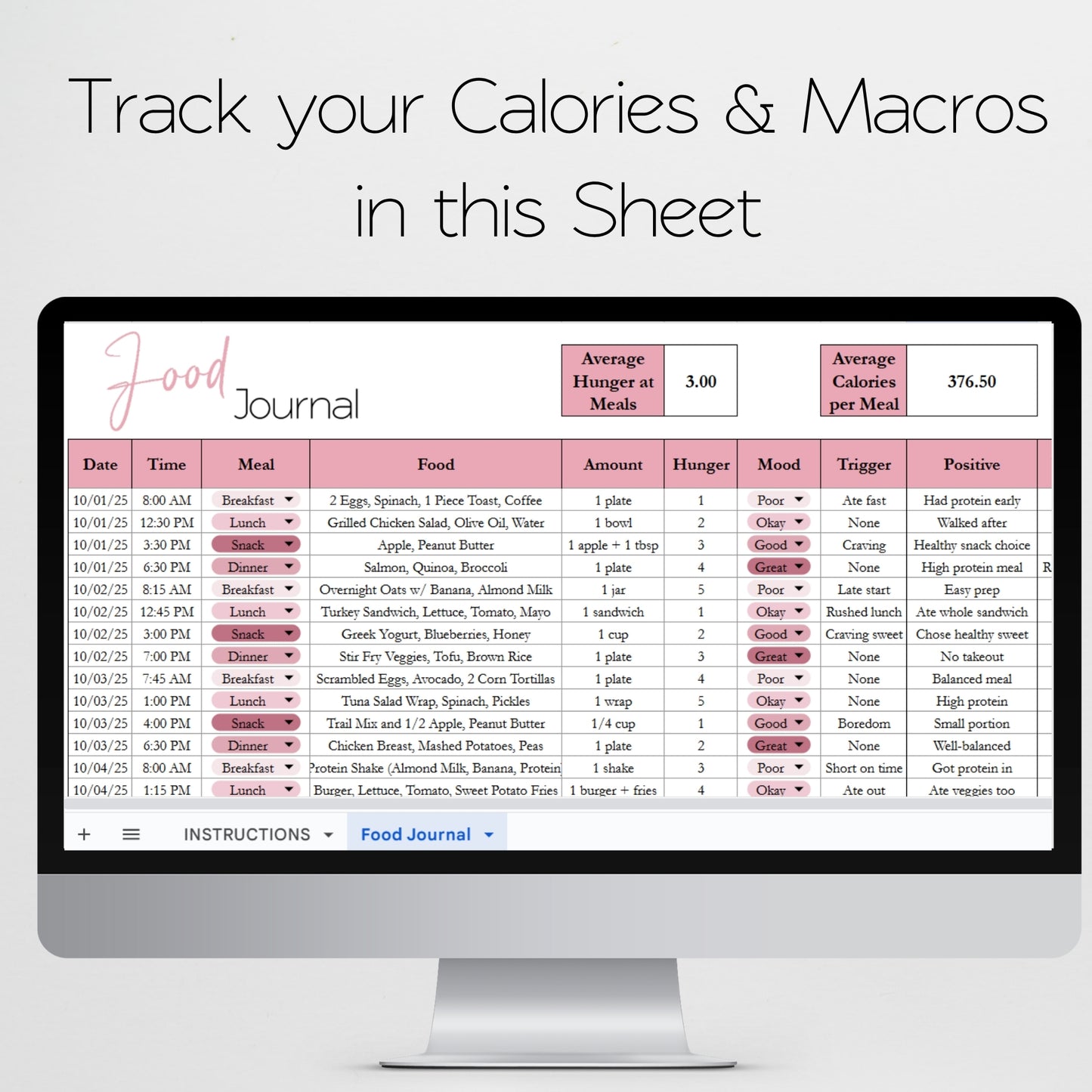 Food Journal Template Google Sheets and Excel Spreadsheet