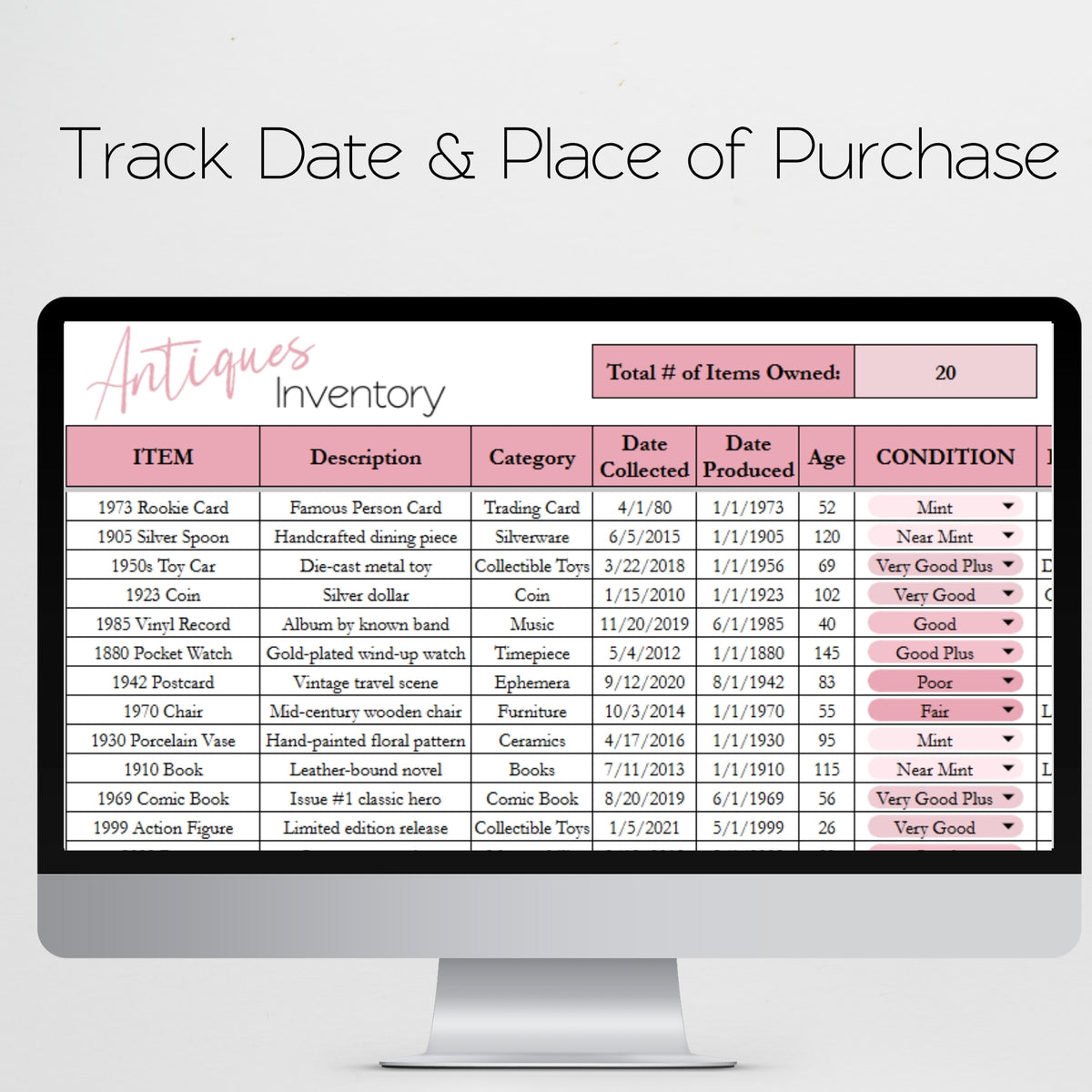 Antiques Inventory Tracker Template Google Sheets and Excel Spreadshee ...