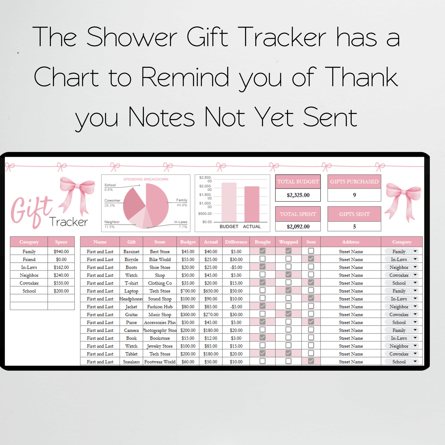Gift Tracker for Baby Shower Gift Log, Bridal Shower Gift List Template Excel Spreadsheet and Google Sheets