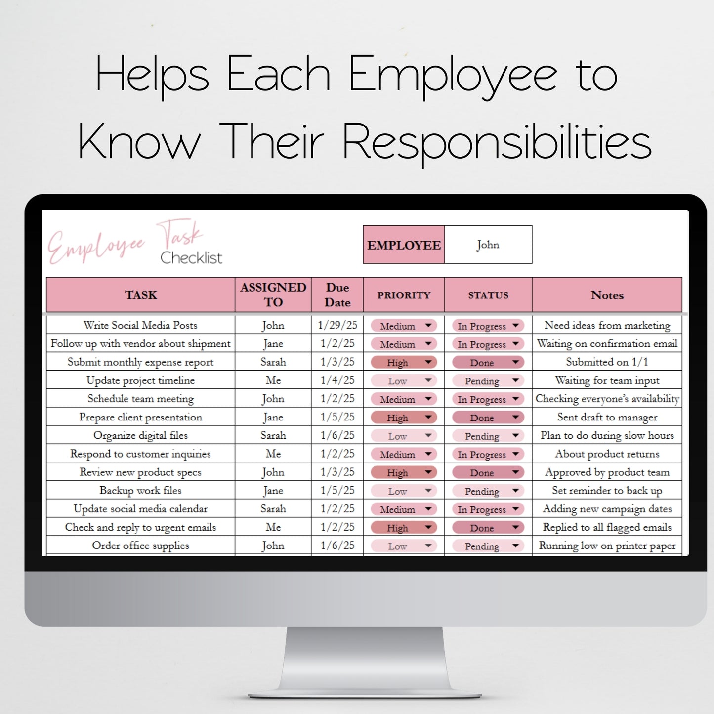 Employee Task Checklist Template for Google Sheets and Excel Spreadsheet: Task Tracker