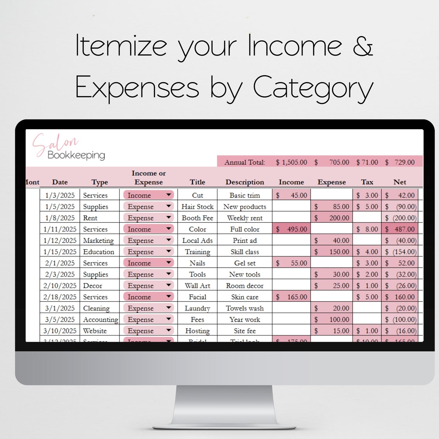 Salon Bookkeeping Template Spreadsheet Google Sheet