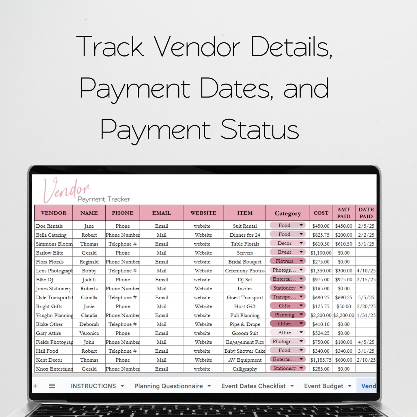 Event Planner Template for Google Sheets and Excel Spreadsheet