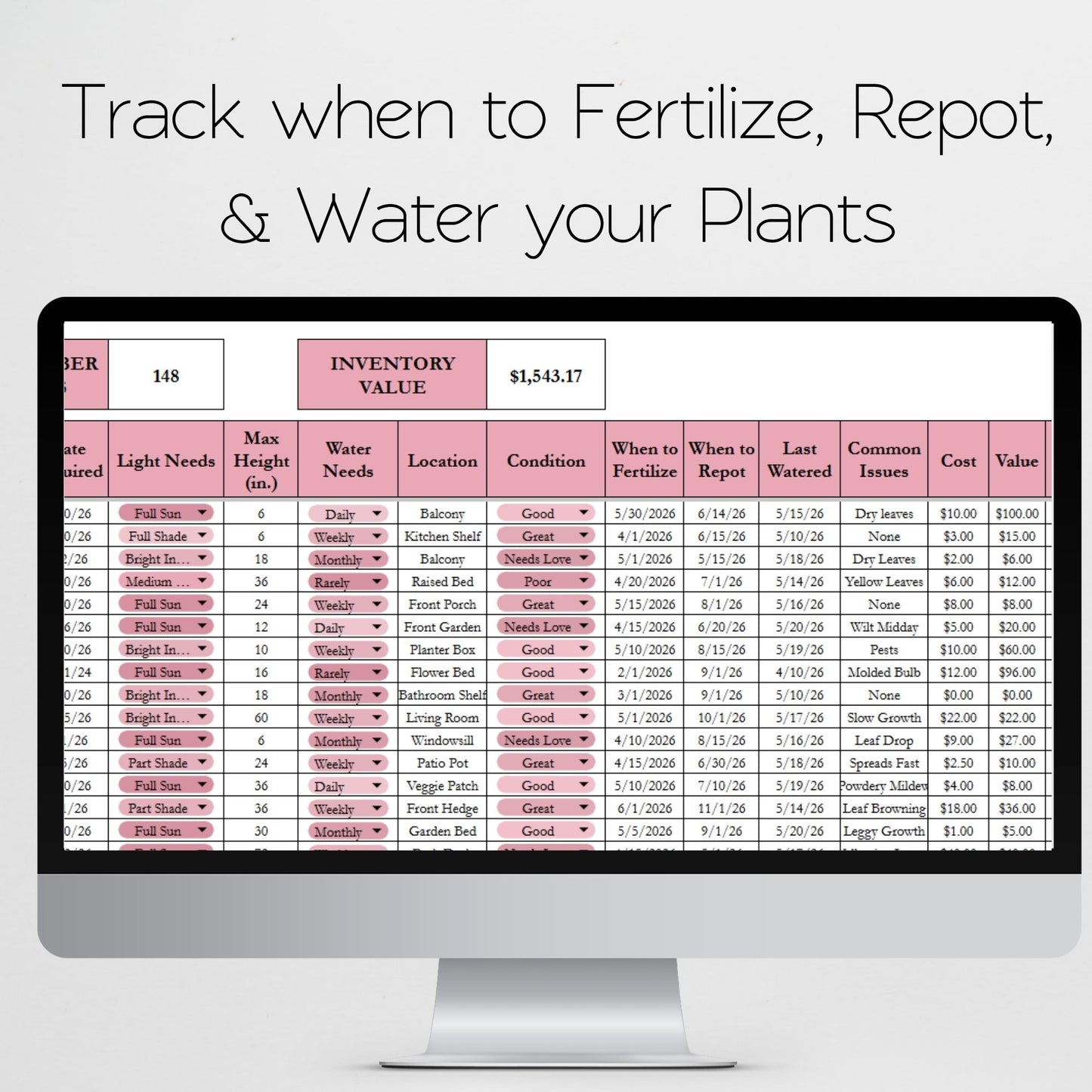 Plant Inventory Tracker Template for Google Sheets and Excel Spreadsheet