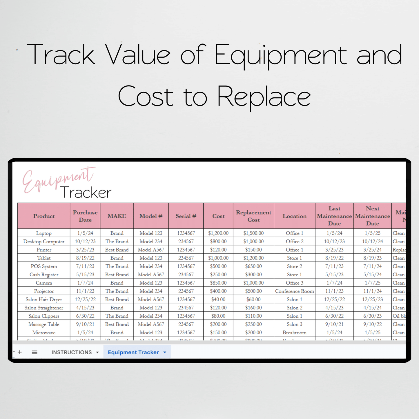 Equipment Tracker Google Sheet, Business or Rental Equipment Inventory Tracker Excel Spreadsheet
