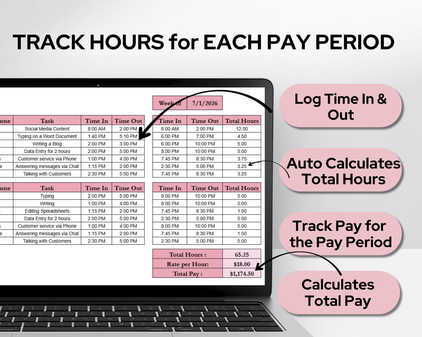Timesheet Calculator Spreadsheet Template Google Sheets and Excel | Employee Hours Tracker | Pay Calculator